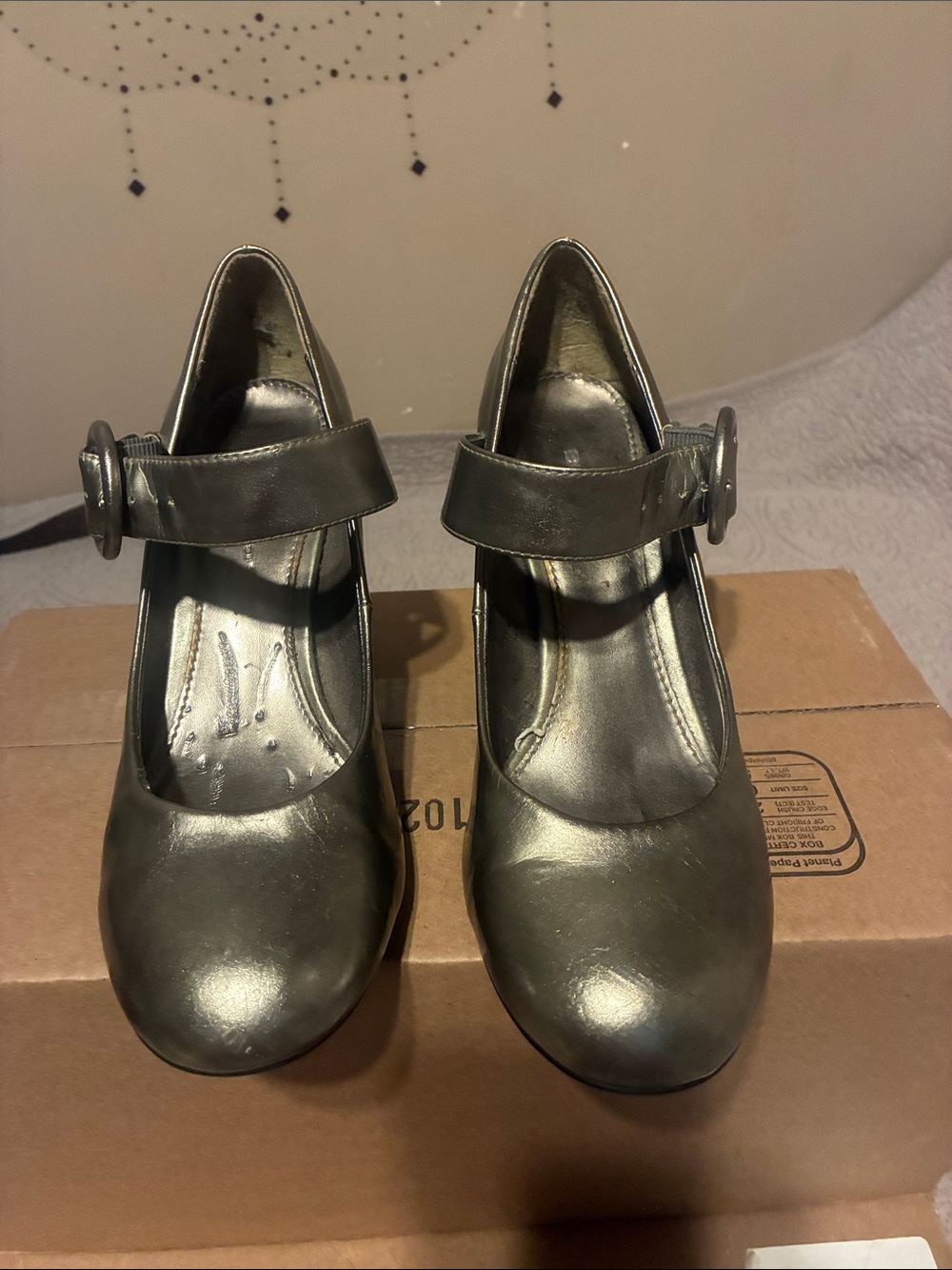 Metallic Silver Mary Jane Heels with Buckle Strap